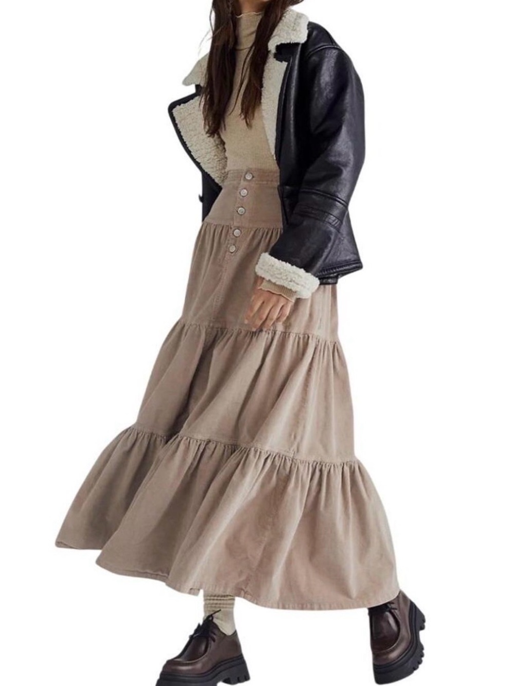 Free People Dreamweaver Cord Tiered Maxi Skirt (L) Boho Western Cowgirl